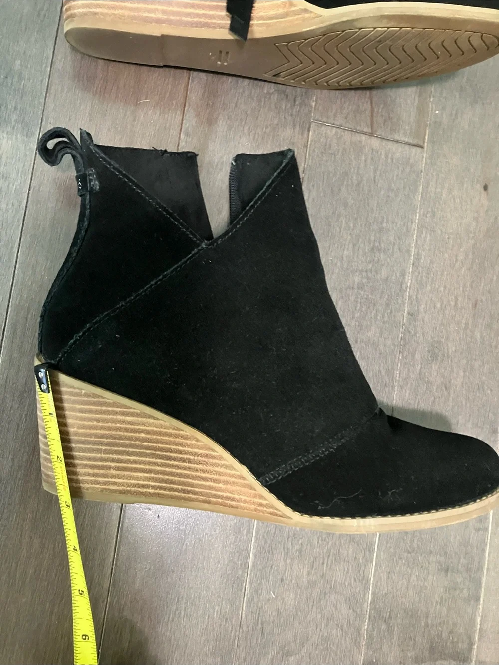 Tom’s Black Suede Wedge Booties size 9 with Stacked Wood Heel